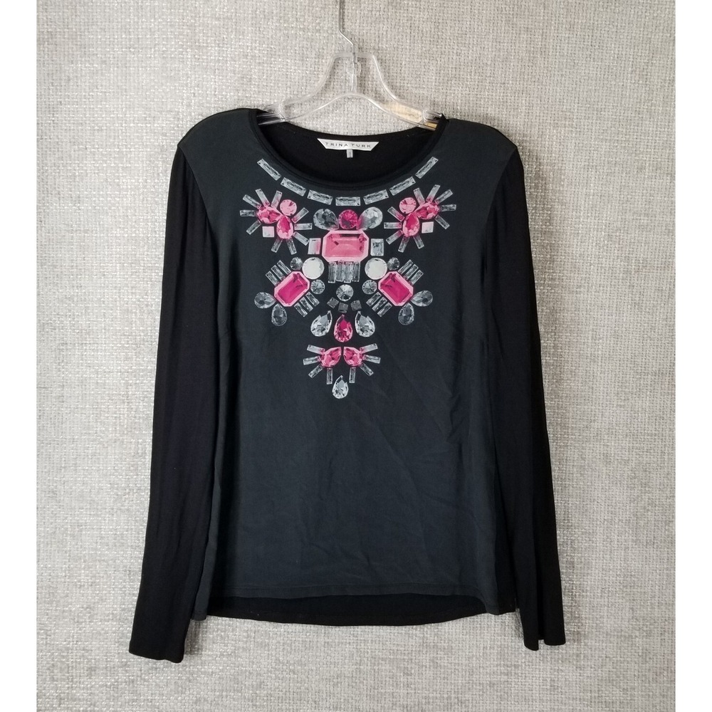 Trina Turk Jewel Gems Print Top Women's Medium Black Long Sleeve Pullover
